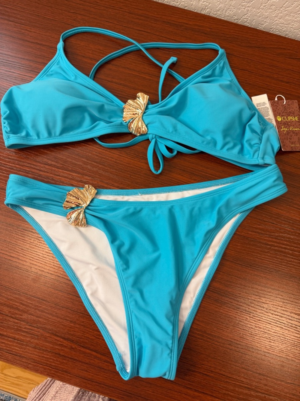 Cupshe Turquoise Bikini Set with Gold Shell Accents